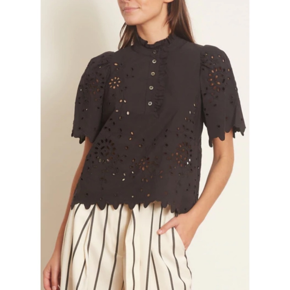 SEA Black Fern Eyelet Short Sleeve Top
